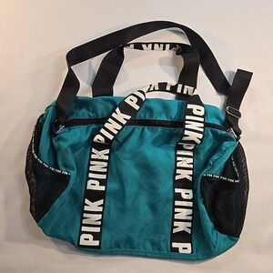 PINK Victoria's Secret Teal Duffel Bag‎ Gym Travel Sports Carry-On Mesh Pockets